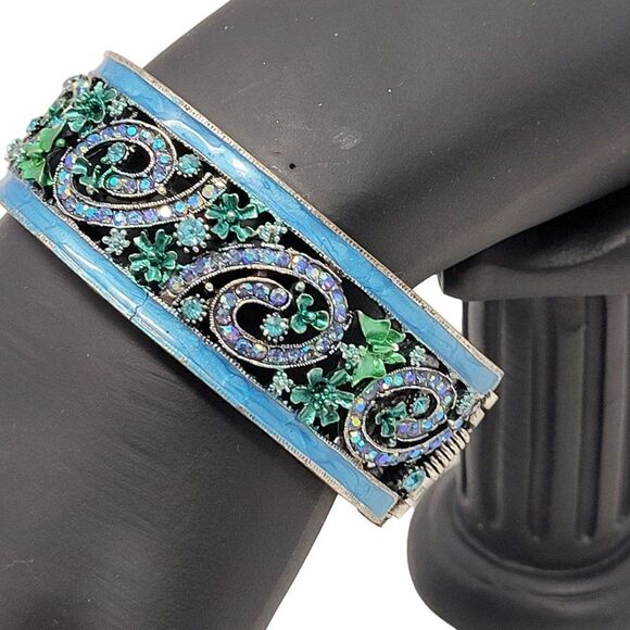 Blue Enamel Rhinestone Filagree Clamper Bangle Bracelet Flower Sparkle Glam 6.5" - Picture 1 of 9
